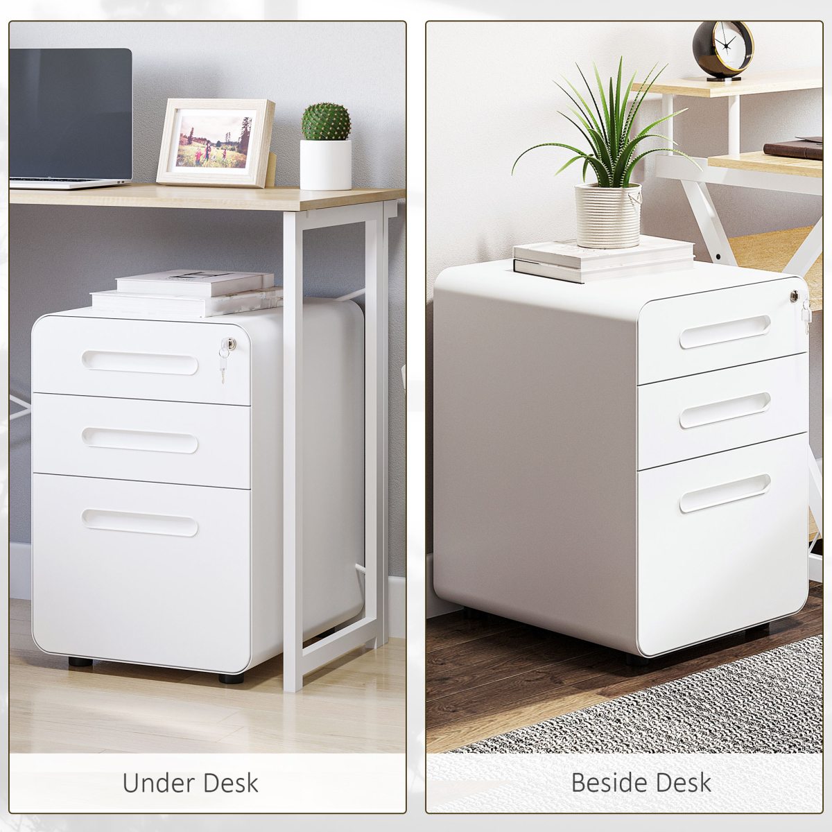 Modern 3-Drawer Steel Filing Cabinet with Lock, 4 Wheels, Pencil Box, White