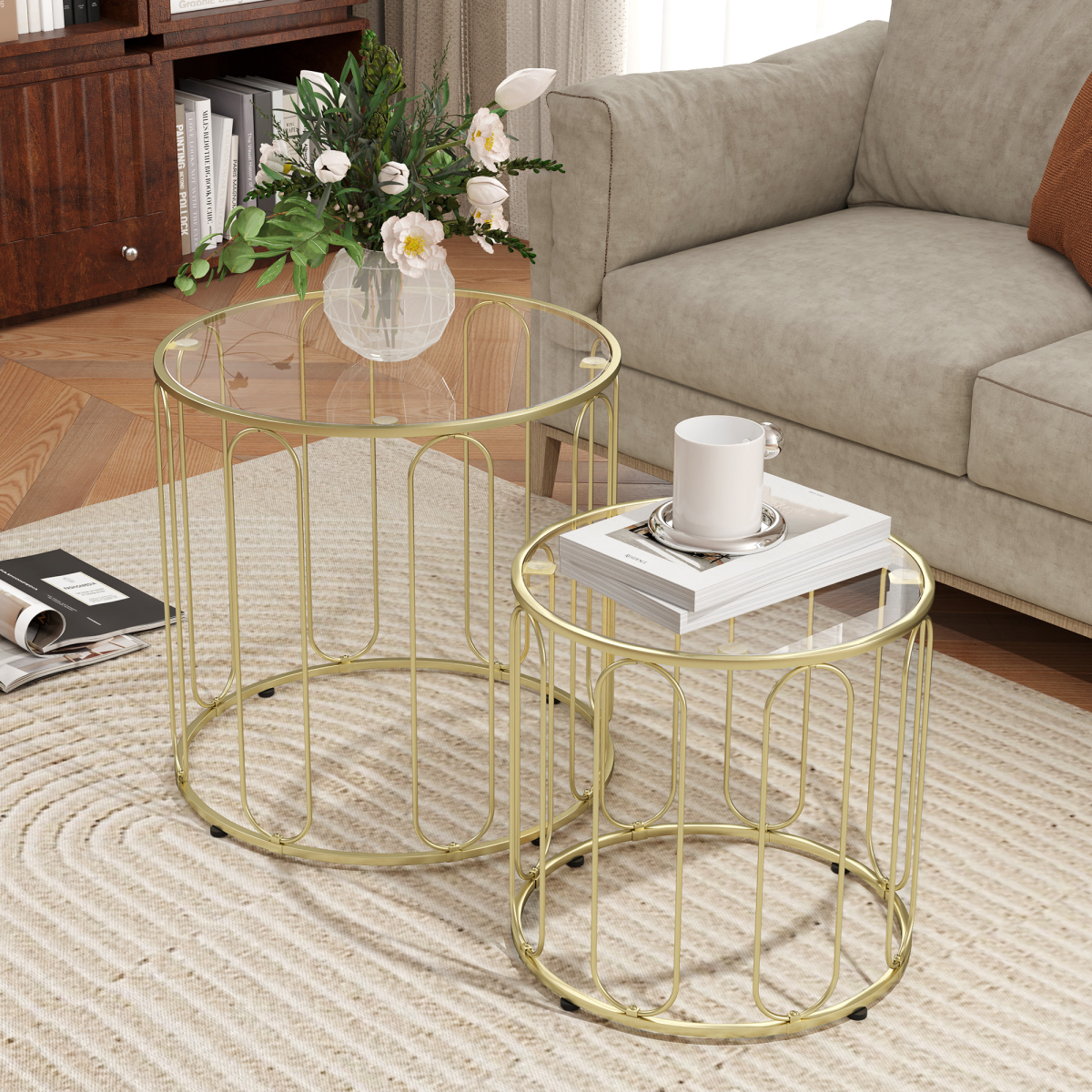 HOMCOM Set of 2 Nesting Coffee Tables with Glass Tops, Gold Tone