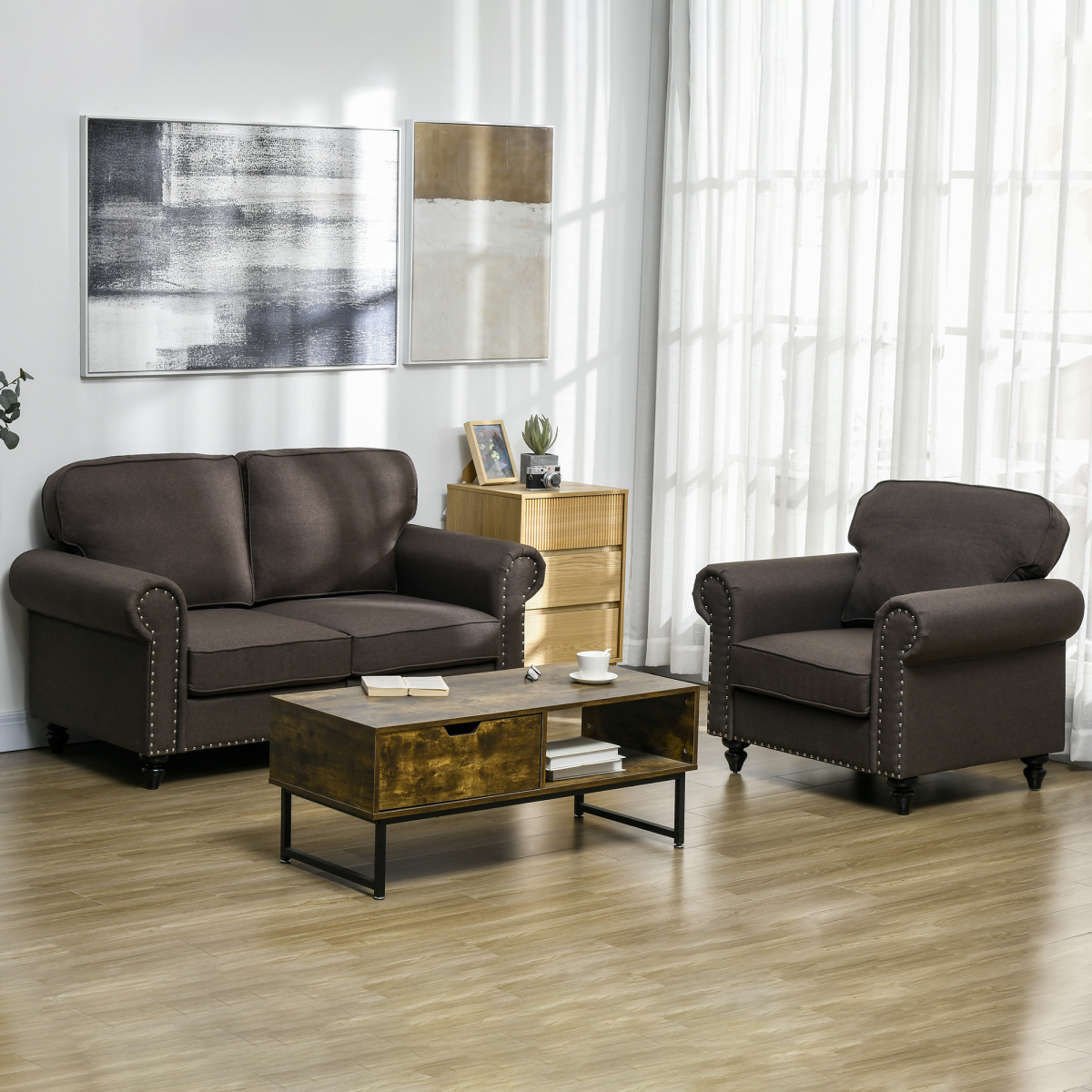 HOMCOM Mid-Century 2 Seater Sofa with Nailhead Trim, Dark Brown