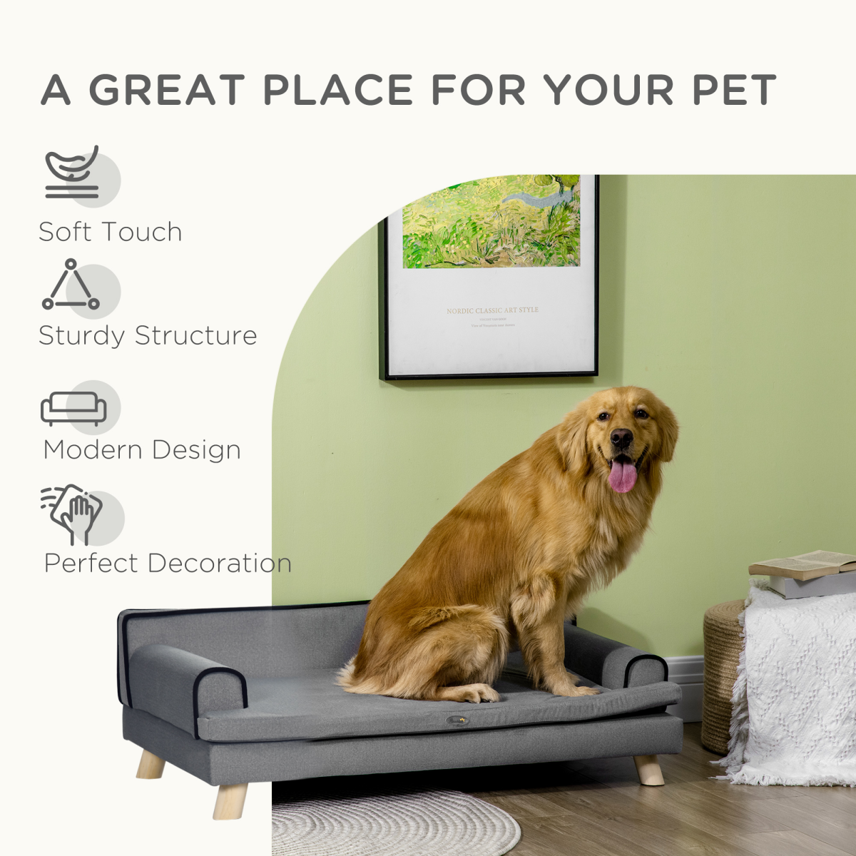PawHut Pet Sofa for Large and Medium Dogs, Water-Resistant Fabric, Wooden Legs, Grey