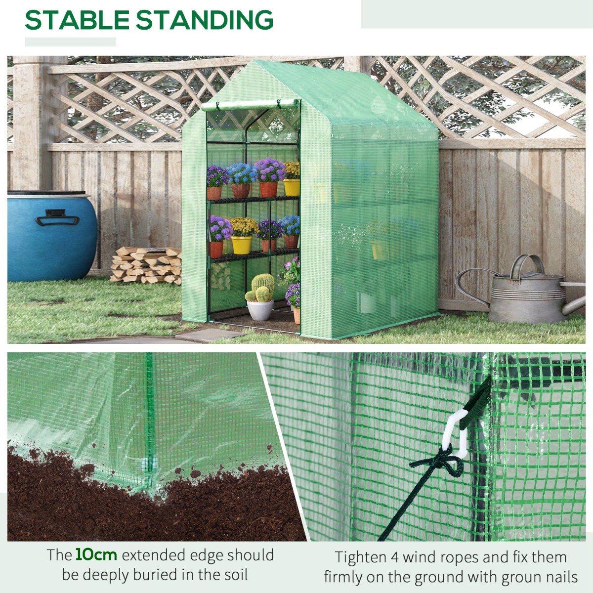 Walk-In Garden Greenhouse with Shelves, Roll-Up Door, 143x138x190cm
