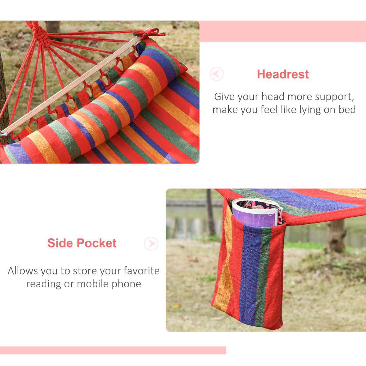 Outsunny Portable Polyester-Cotton Hammock with Headrest, Side Pocket, Hardwood Spreader Bar