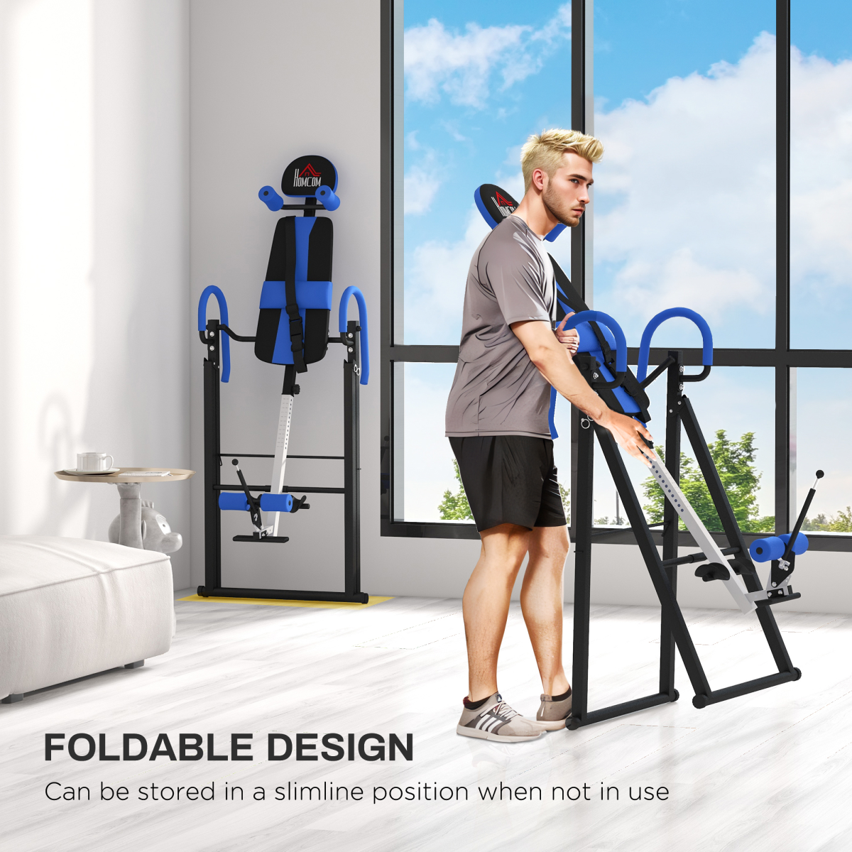 HOMCOM Foldable Adjustable Gravity Inversion Table with Safety Belt, Blue