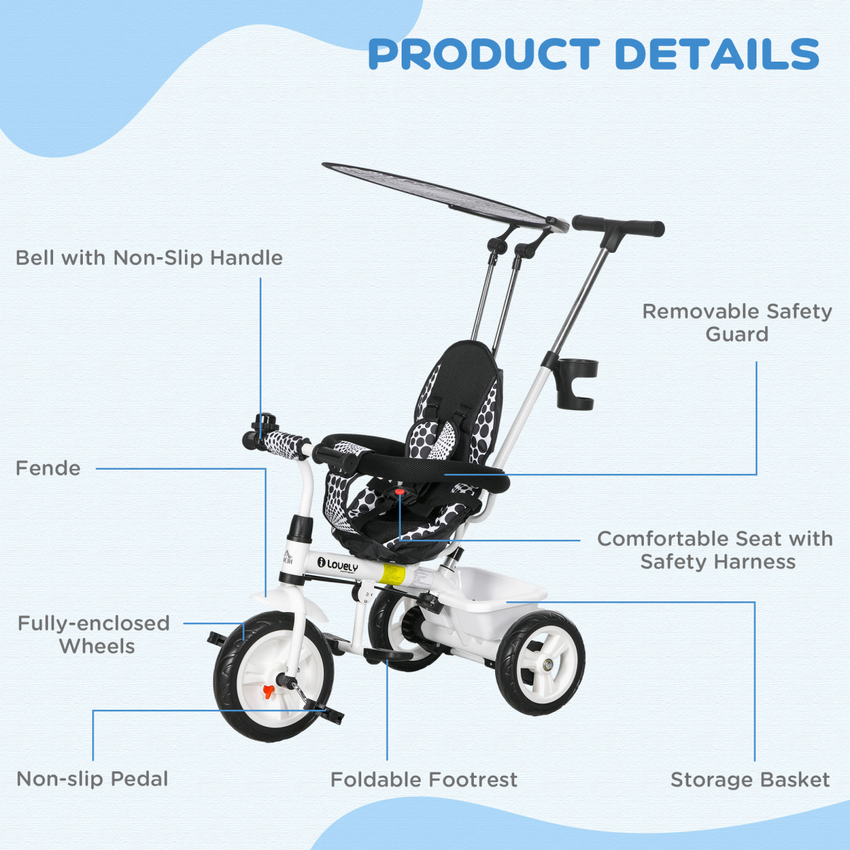 HOMCOM 6-in-1 Kids Tricycle with Removable Push Handle, White