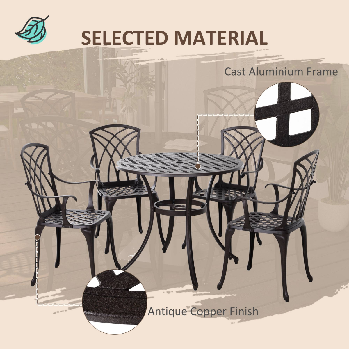 Outsunny 5-Piece Cast Aluminium Outdoor Garden Table and Chair Set Brown