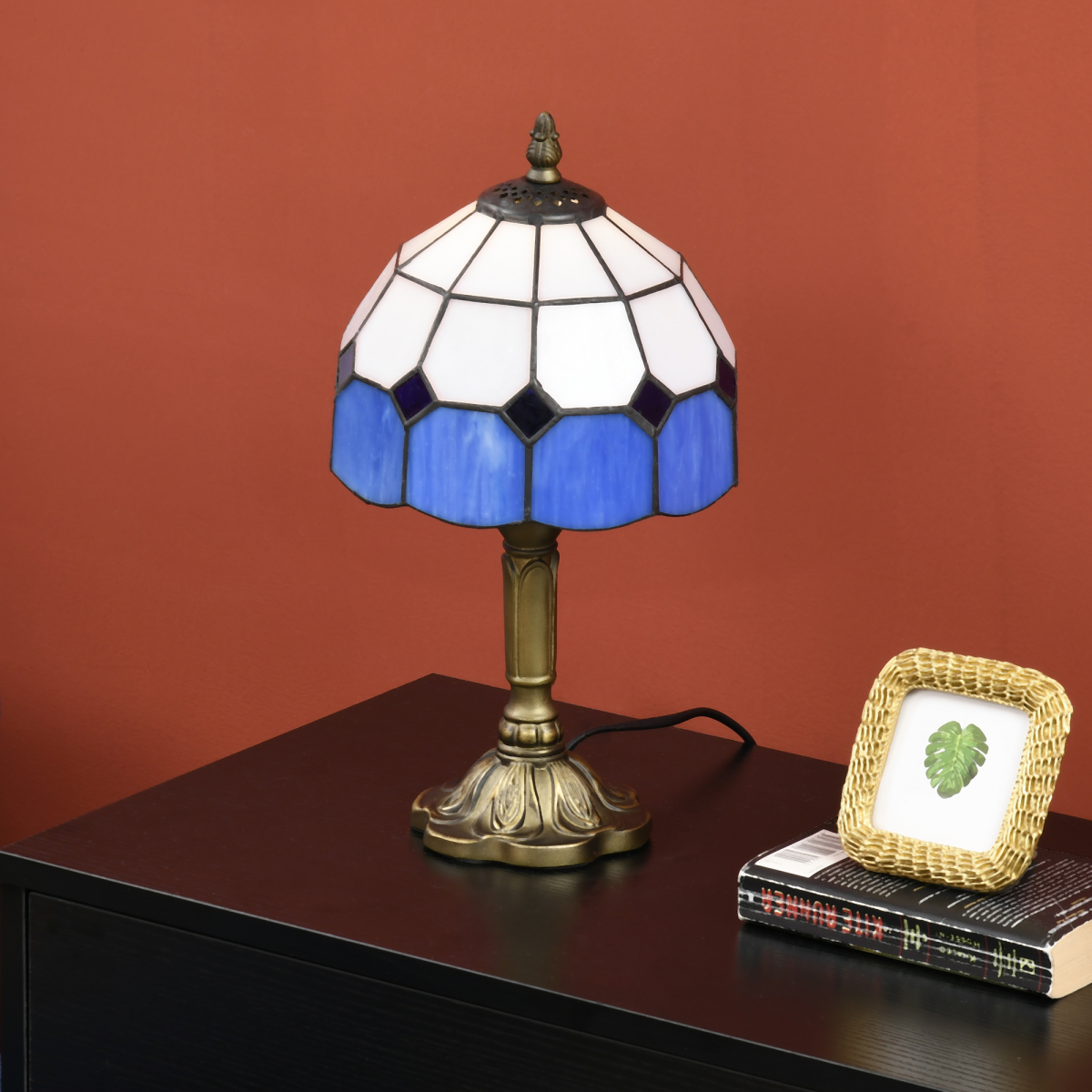 HOMCOM Antique Blue Stained Glass Table Lamp, E27 Bulb Not Included