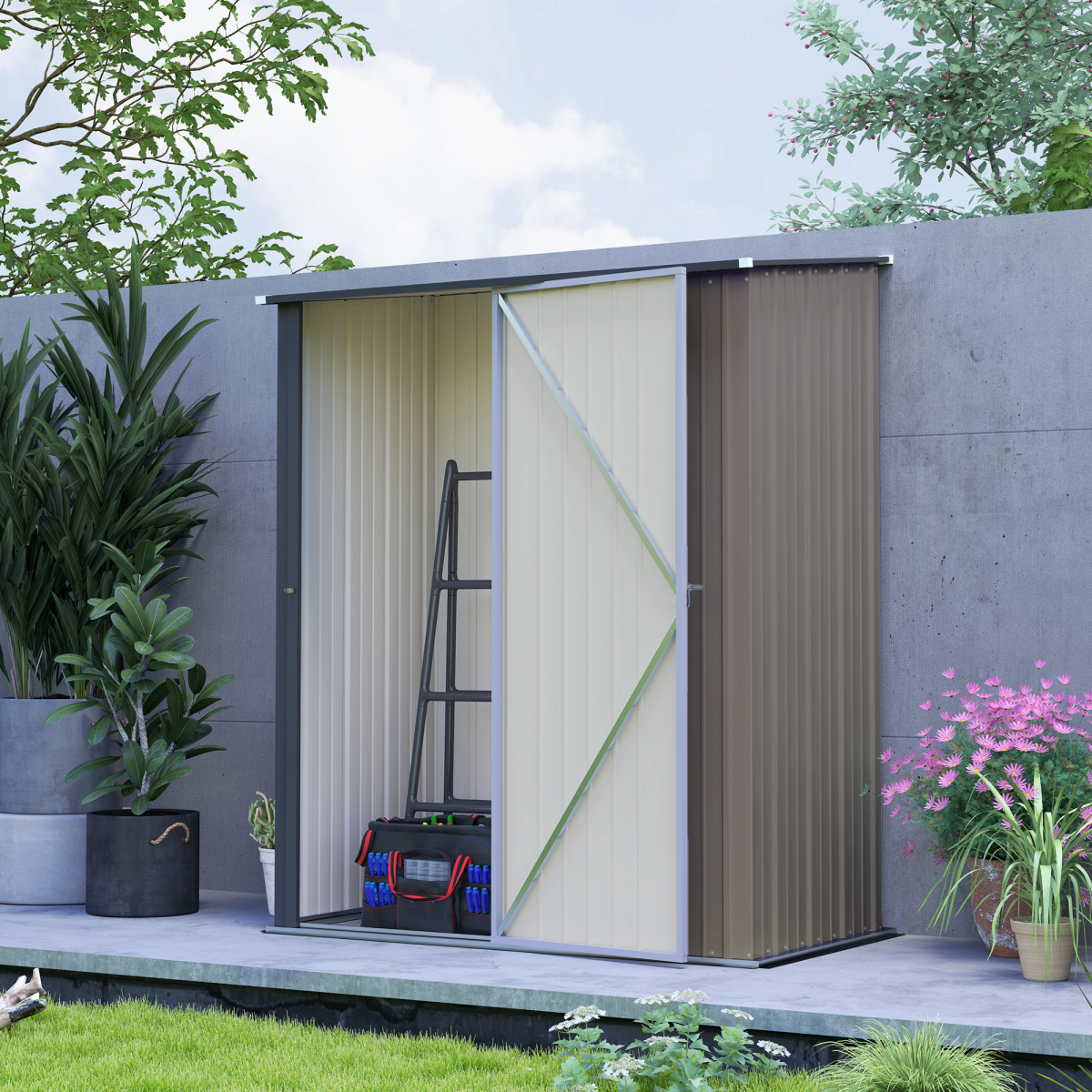 Outsunny Light Grey Steel Outdoor Storage Shed with Lockable Door