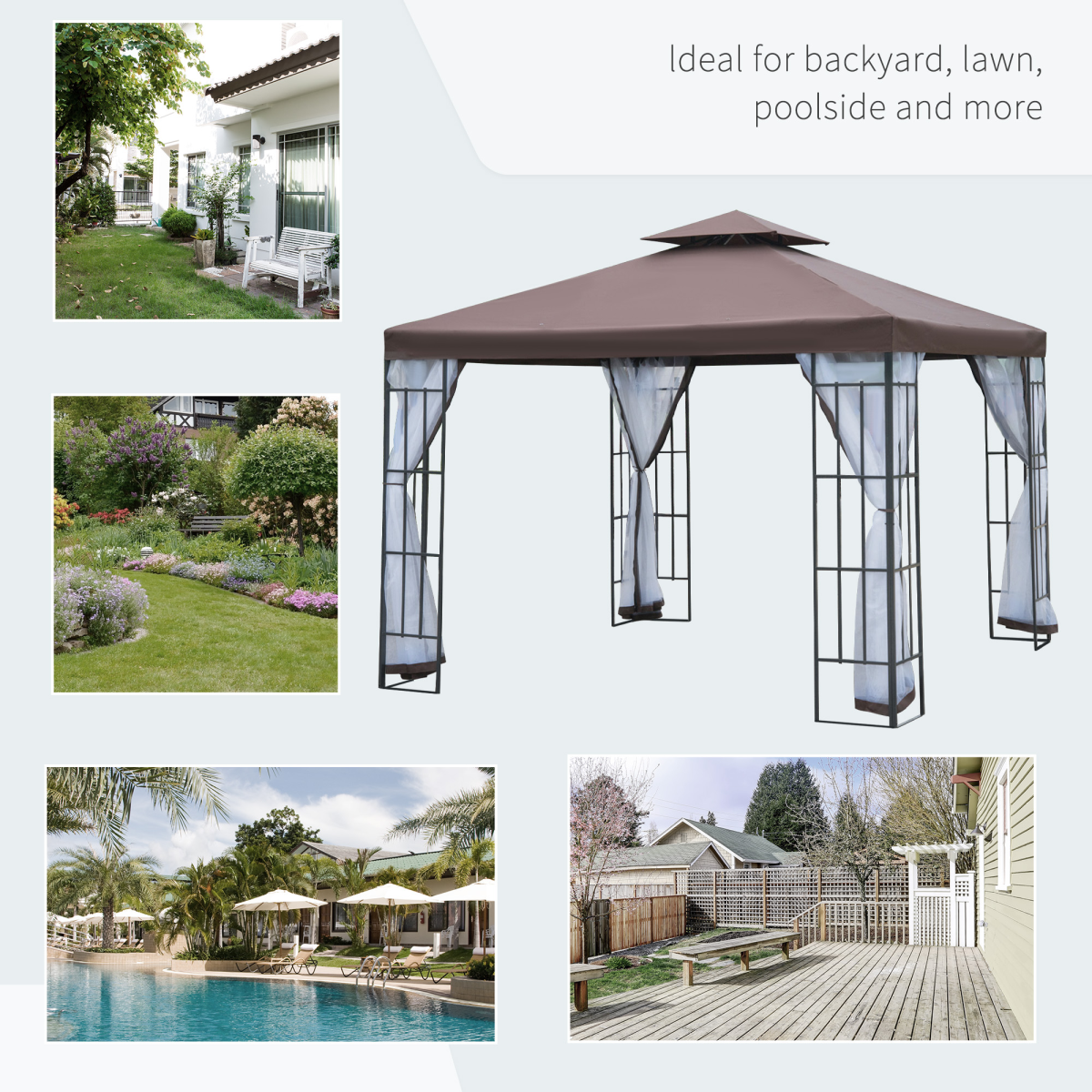 Outsunny 3x3m Garden Gazebo with Two-Tier Ventilated Canopy, 4 Mesh Sidewalls, Steel Frame