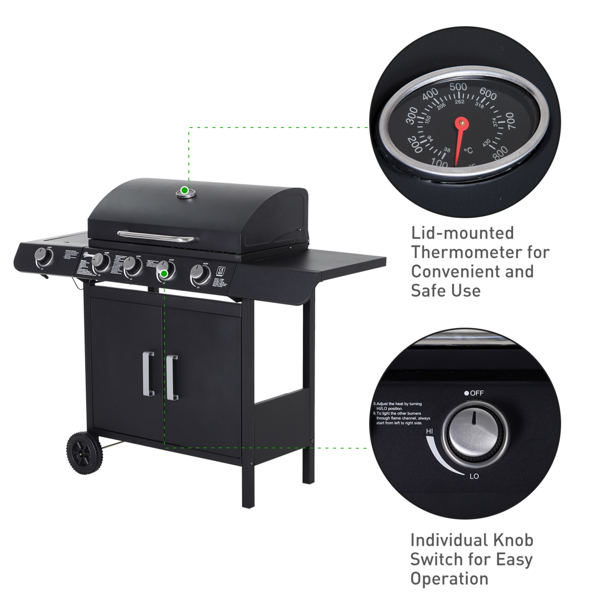 Outsunny 4+1 Gas BBQ Grill with 4 Stainless Steel Burners, Aluminium Side Burner, Lid, Thermometer, Wheels, Steel Black