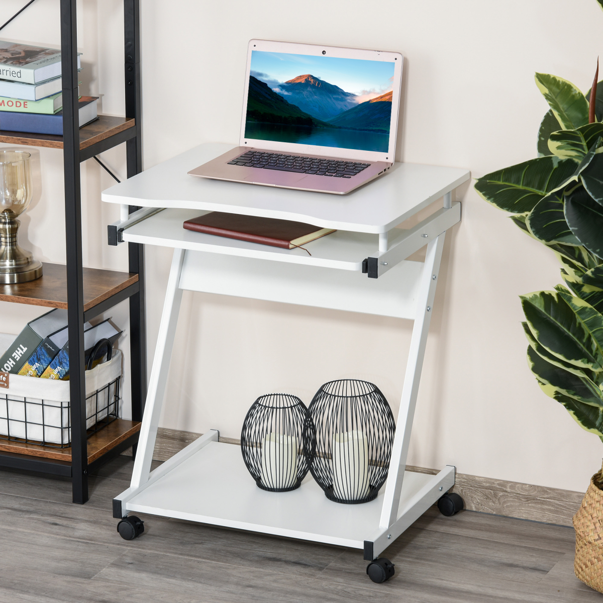 HOMCOM Computer Desk with Sliding Keyboard Tray, 4 Wheels, Bottom Shelf, White