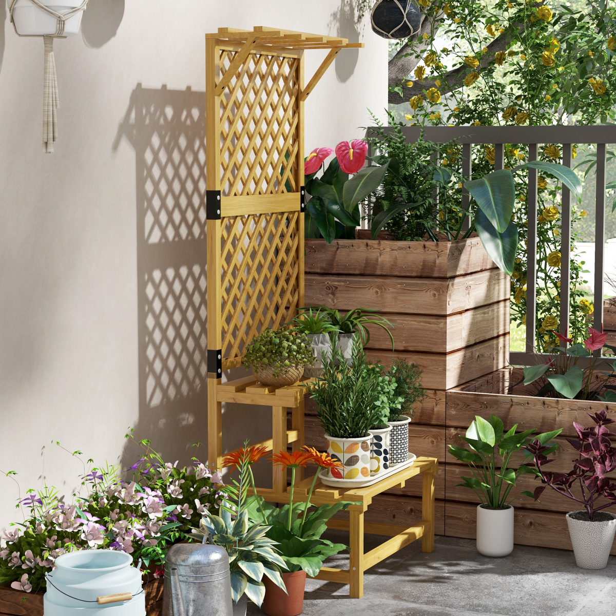 Outsunny Yellow Wooden Plant Stand with Trellis for Climbing Plants