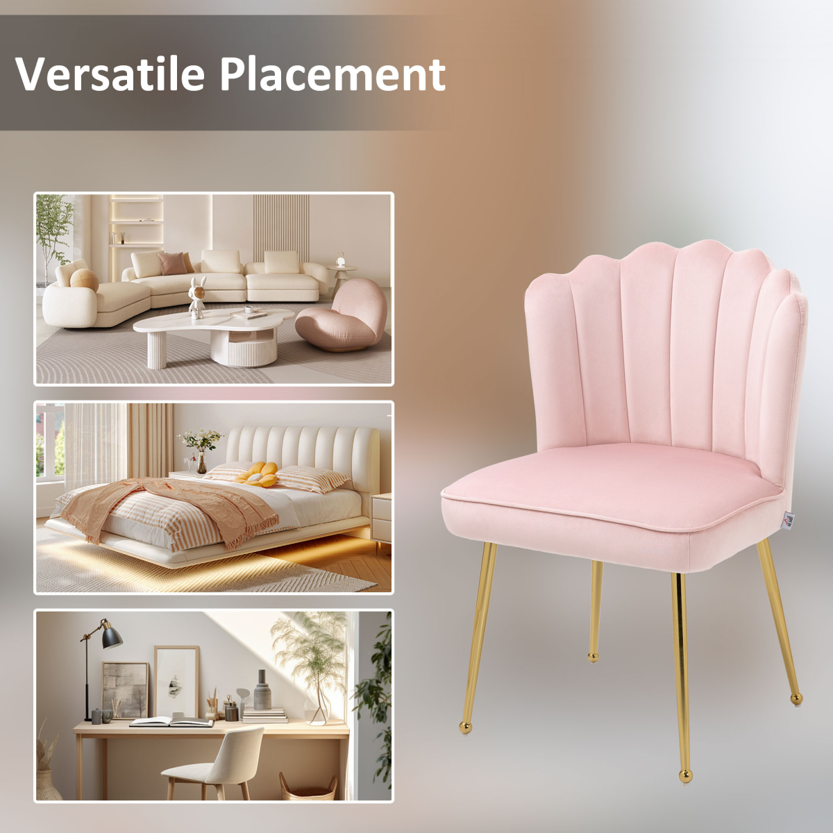 HOMCOM Pink Velvet-Feel Shell Accent Chair with Gold-Tone Metal Legs