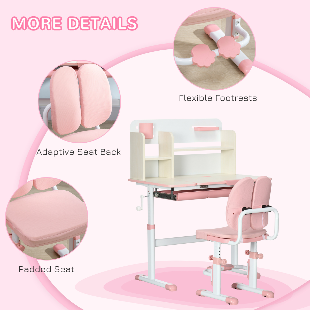 HOMCOM Kids Desk and Chair Set with Storage Shelves, Washable Cover - Pink
