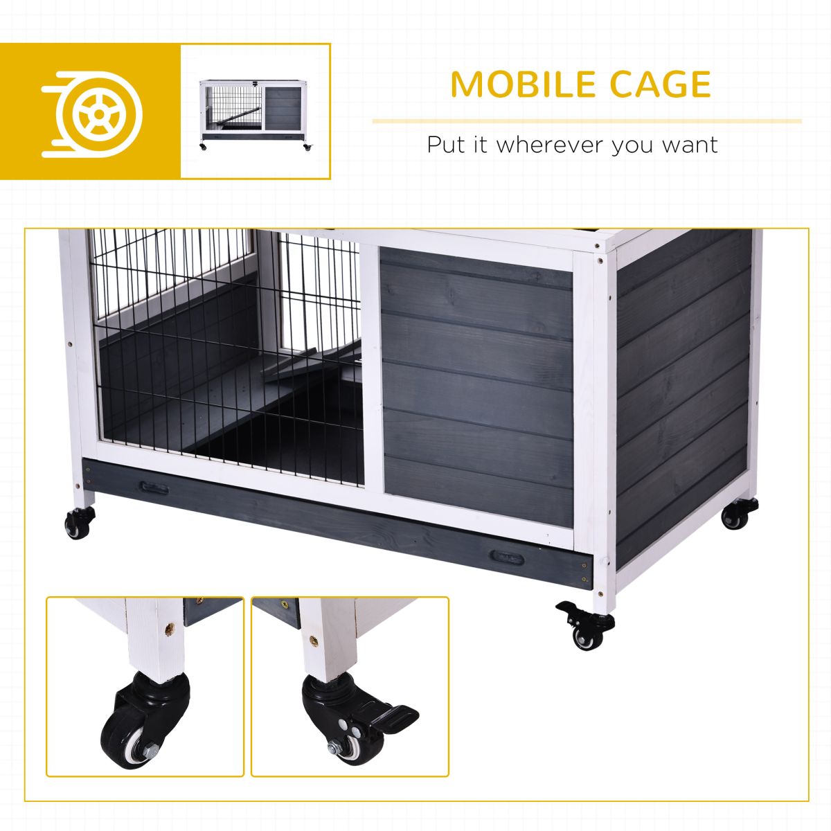 Wood Indoor Rabbit Hutch, 2-Floor Elevated Cage with Wheels