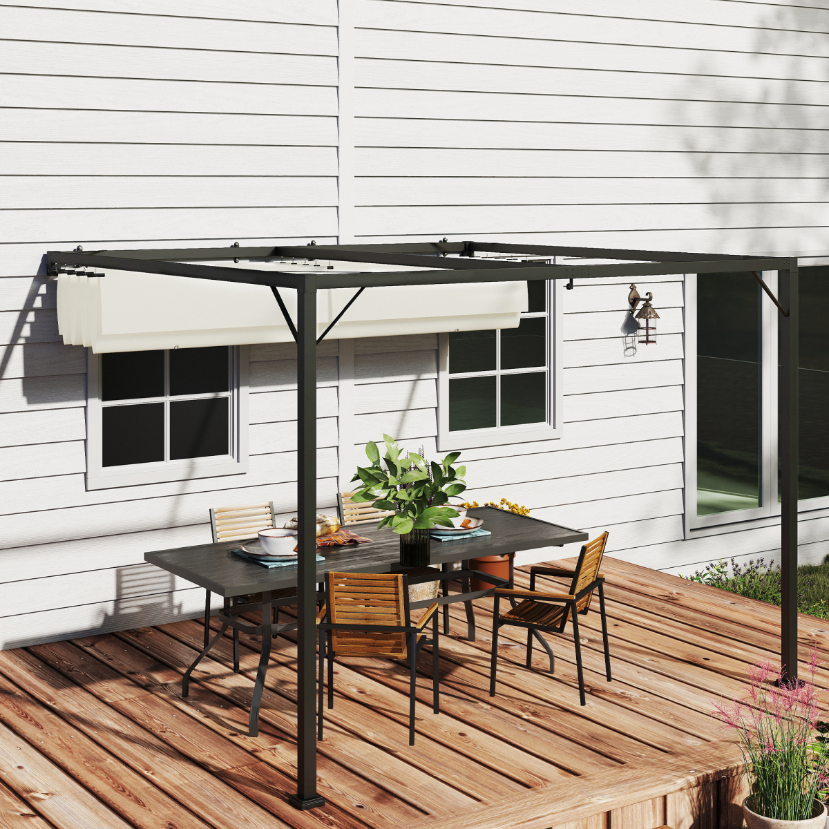Outsunny 3x3m Wall-Mounted Pergola with Retractable Canopy, Cream White