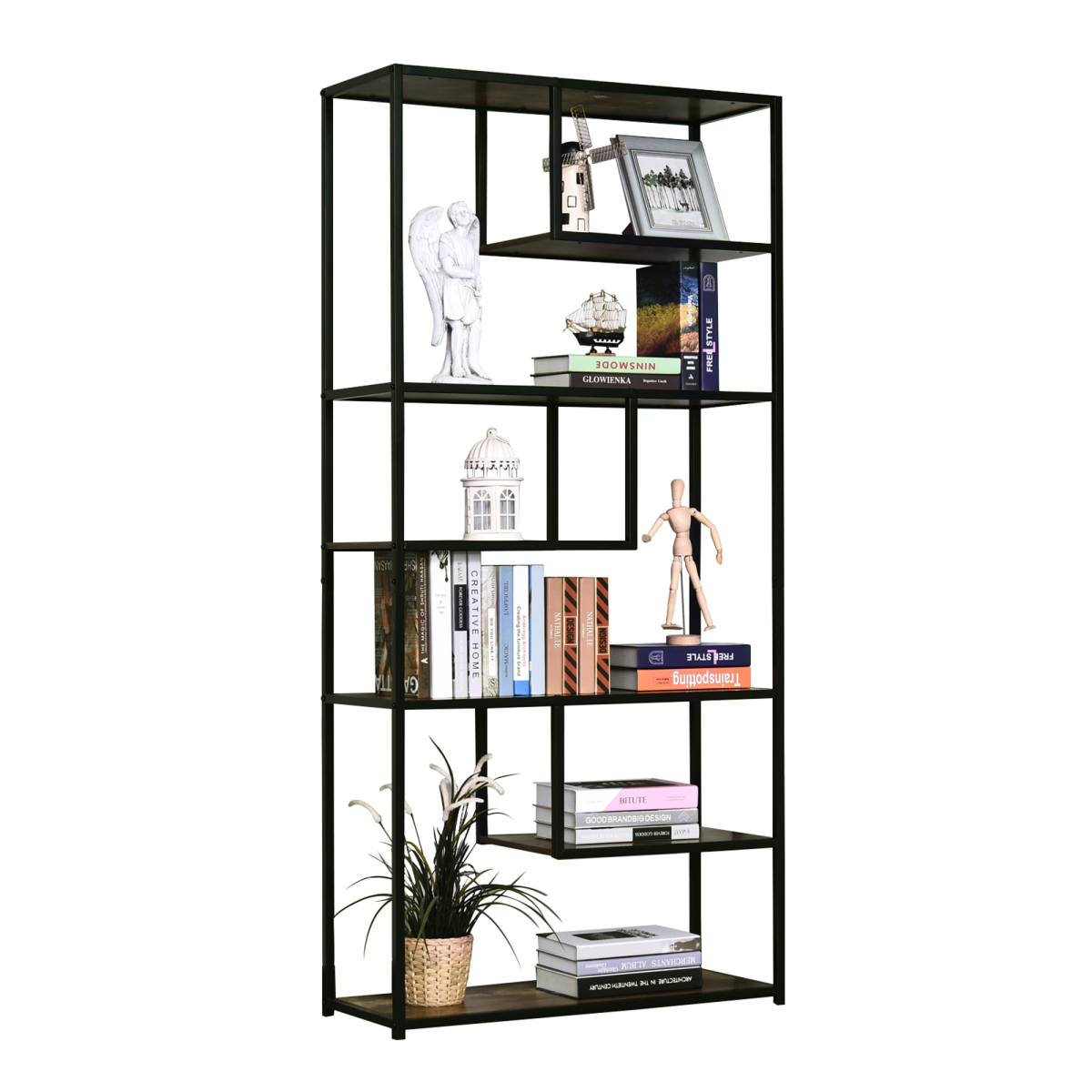 Industrial 6-Tier Bookshelf with Metal Frame, Display Rack