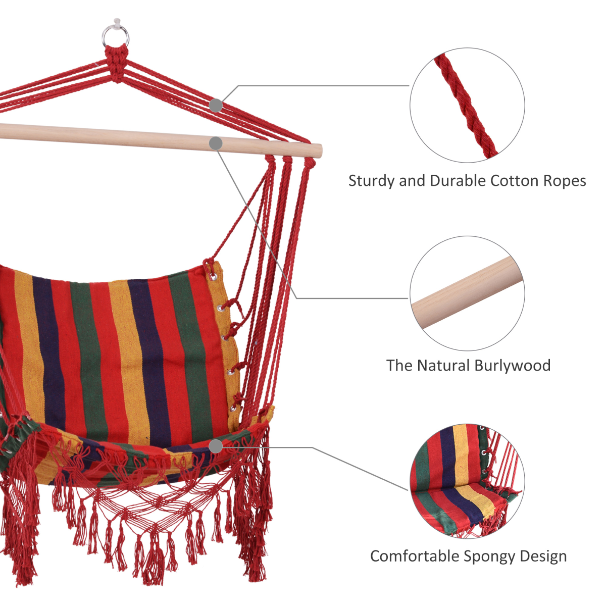 Outsunny Multicoloured Striped Hammock Chair Swing with Wooden Bar