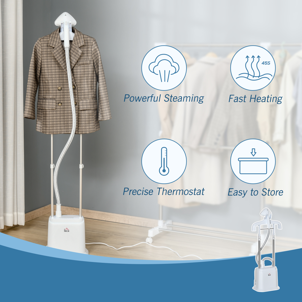 HOMCOM Upright Garment Steamer, 45-Second Heat-Up, 1.7L Removable Water Tank, 45-Minute Steam, White