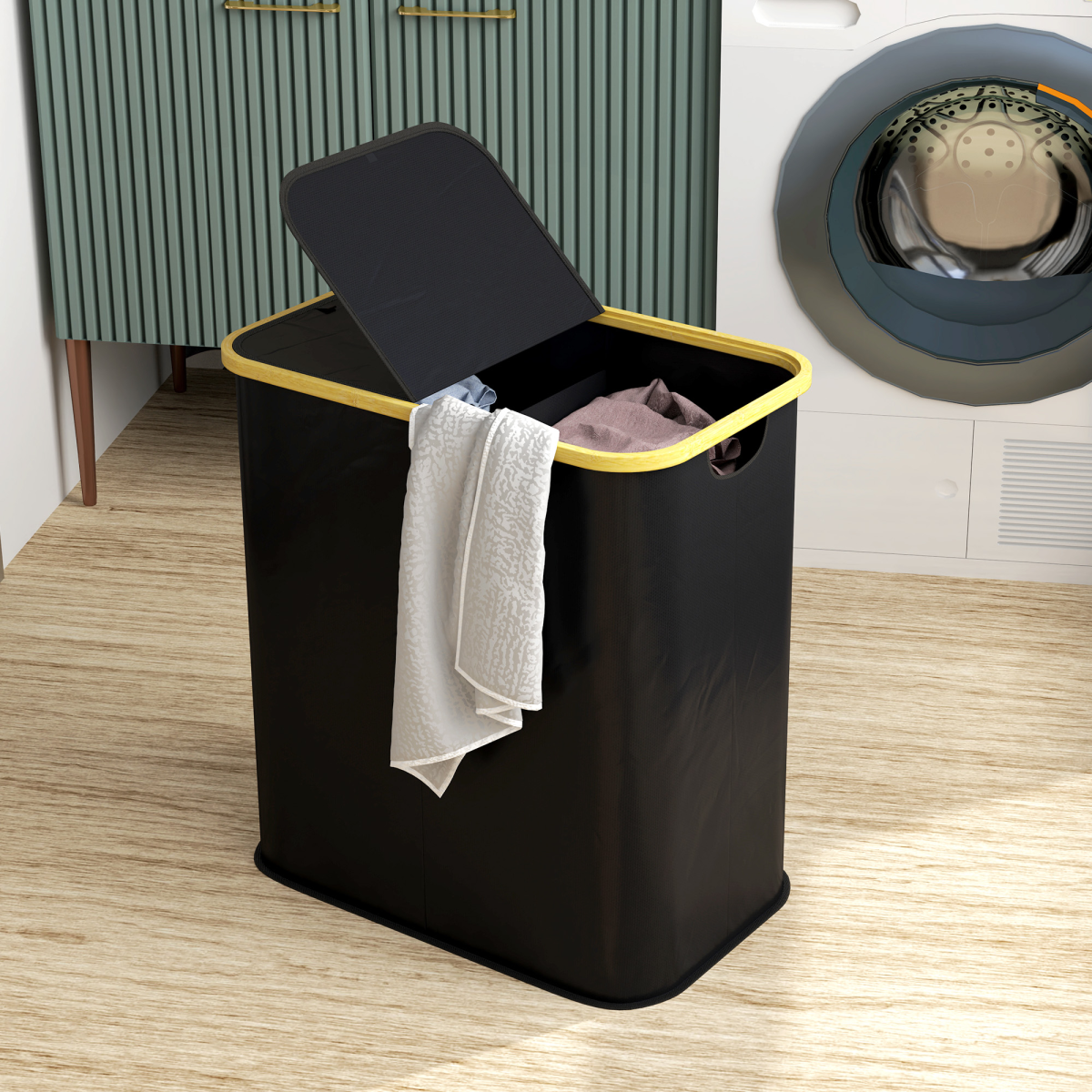HOMCOM 80L Double Laundry Hamper, Foldable Bamboo, Black