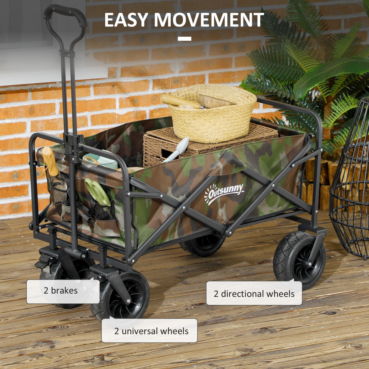 Outsunny Foldable Garden Cart Outdoor Utility Wagon with Carry Bag, 95L, Camouflage