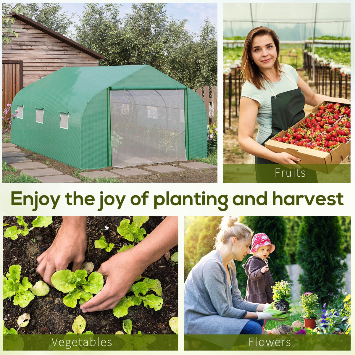 Outsunny 4.47 x 3 x 2m Walk-In Polytunnel Tent with PE Cover, Zip Door, 6 Mesh Windows, Green