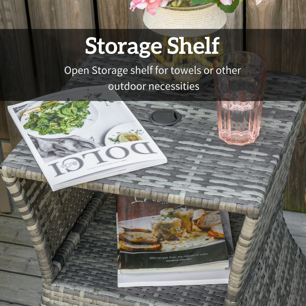 Outsunny Grey Rattan Coffee Table with Umbrella Hole & Storage Shelf
