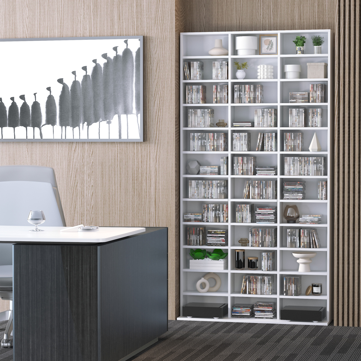 White Wooden CD/DVD Storage Shelf, 33 Adjustable Compartments