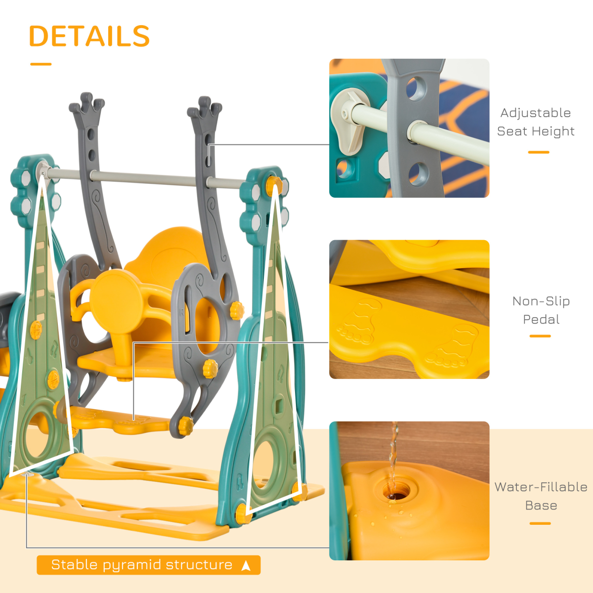 HOMCOM 3-in-1 Kids Swing and Slide Set with Basketball Hoop