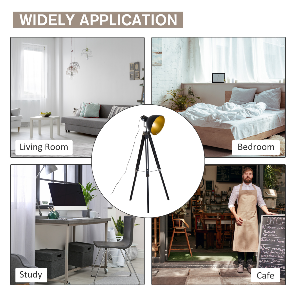 HOMCOM Retro Tripod Floor Lamp with Dome Shade, Pine Wood Legs, Adjustable Height, Black/Gold