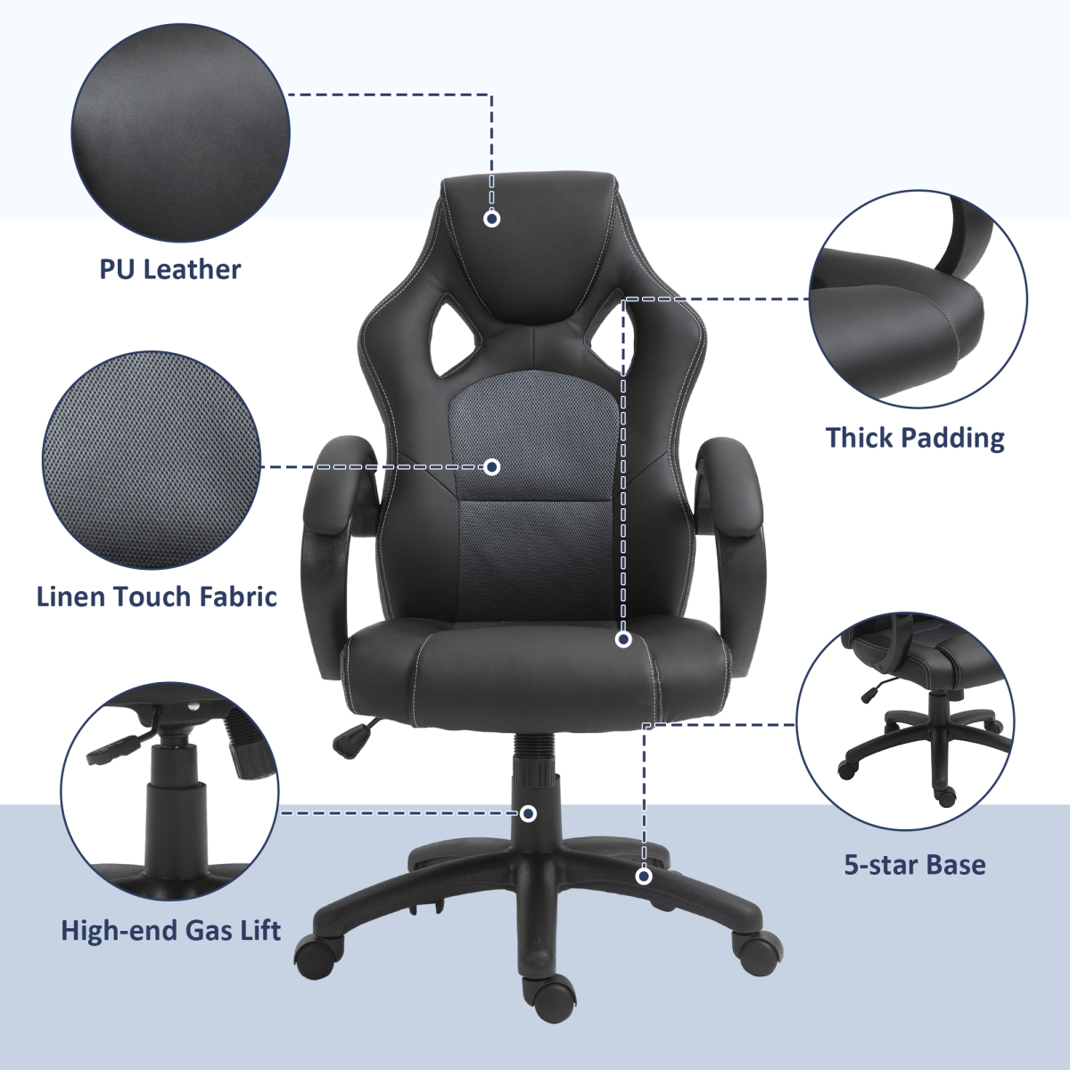 Vinsetto Grey PU Leather Racing Swivel Gaming Office Chair with Headrest