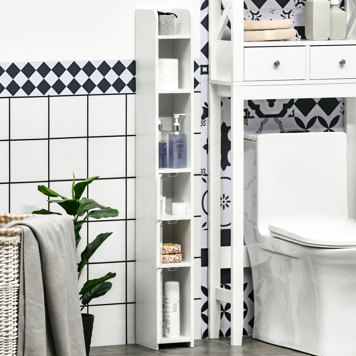 kleankin White Freestanding Bathroom Cabinet with Open Shelves, 3 Cupboards