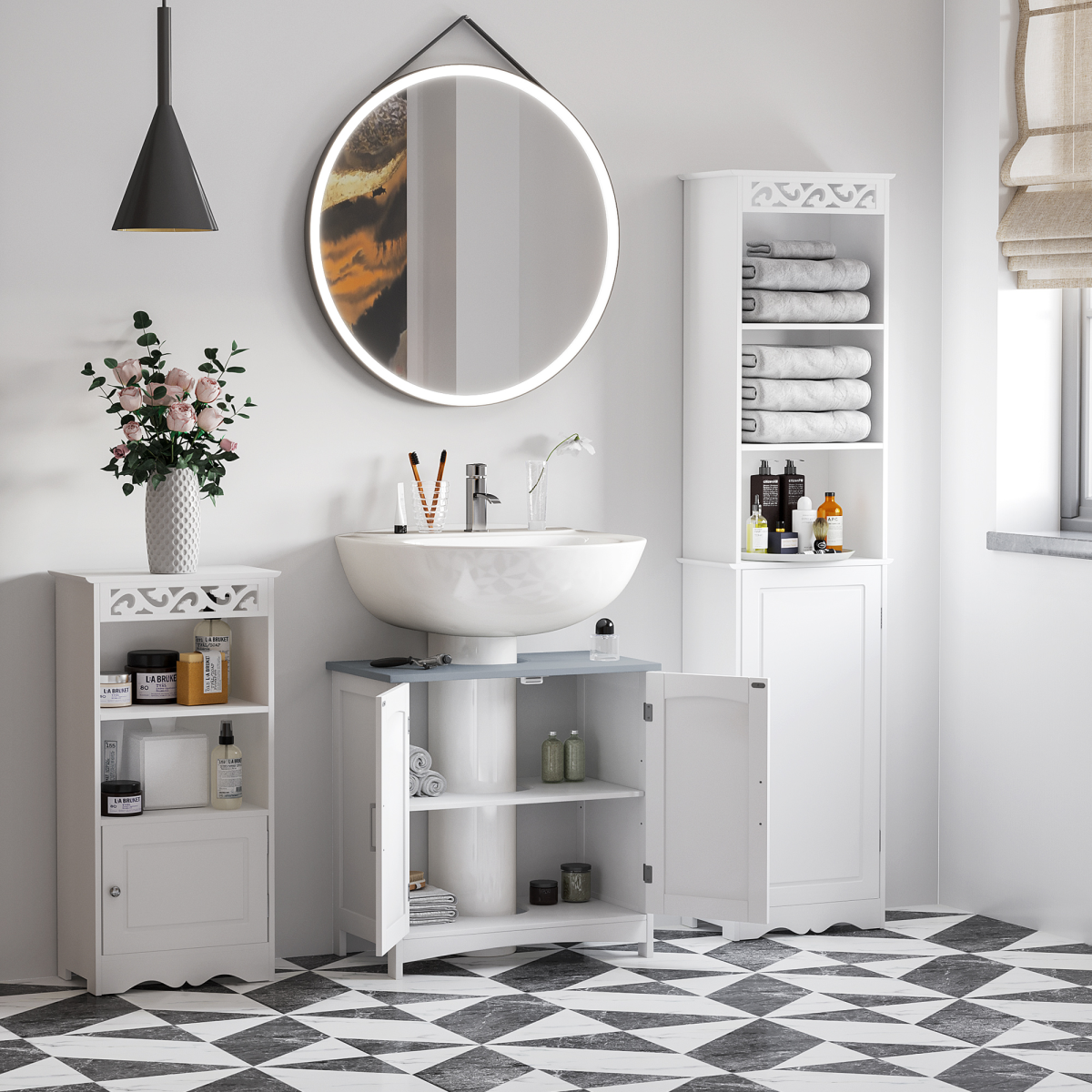 Kleankin Pedestal Under Sink Bathroom Cabinet, White, Storage Vanity Unit with Adjustable Shelf