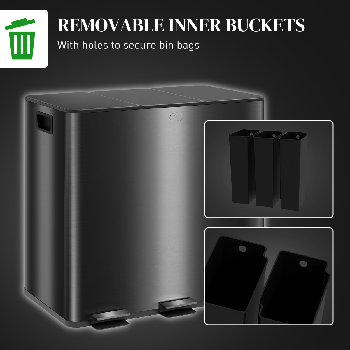 HOMCOM 3 x 15L Triple Kitchen Pedal Bin for Recycling & Waste, Black
