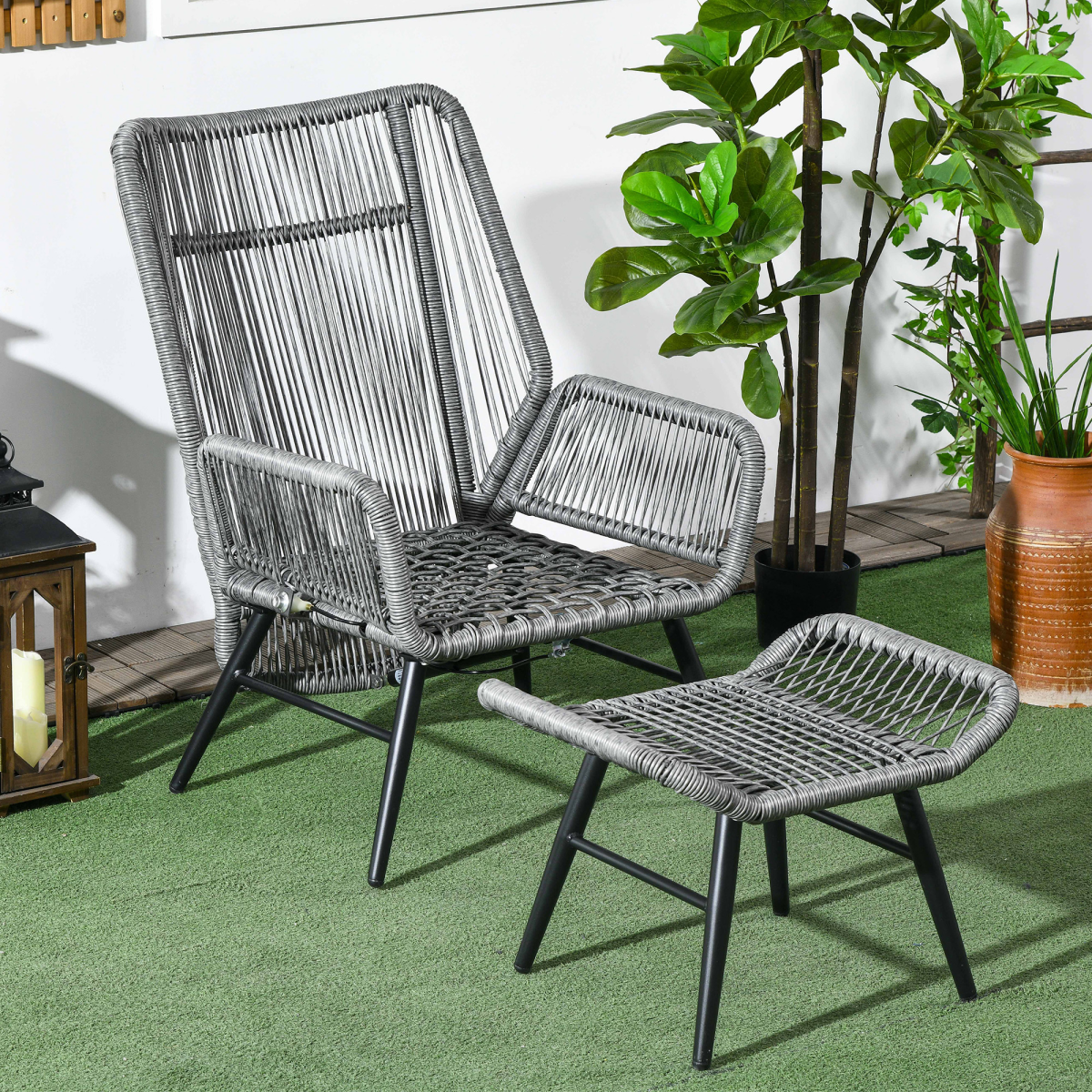 Outsunny Outdoor Rattan Recliner Chair and Footrest Set with Adjustable Backrest, Grey