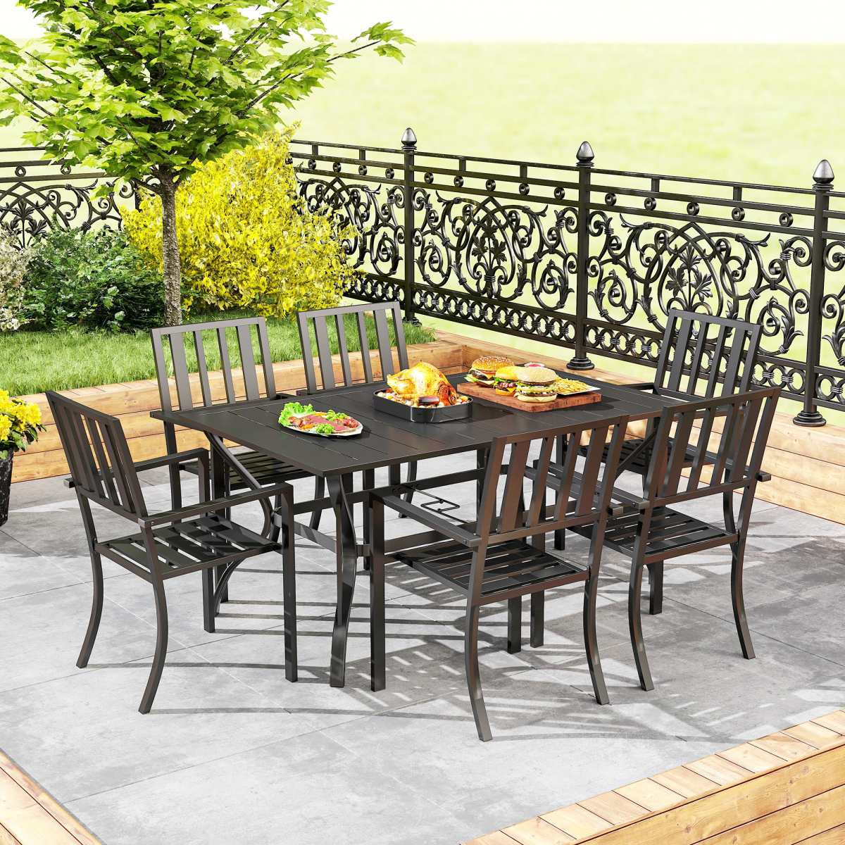 Outsunny 7-Piece Galvanised Steel Patio Dining Set with 42mm Umbrella Hole, Black