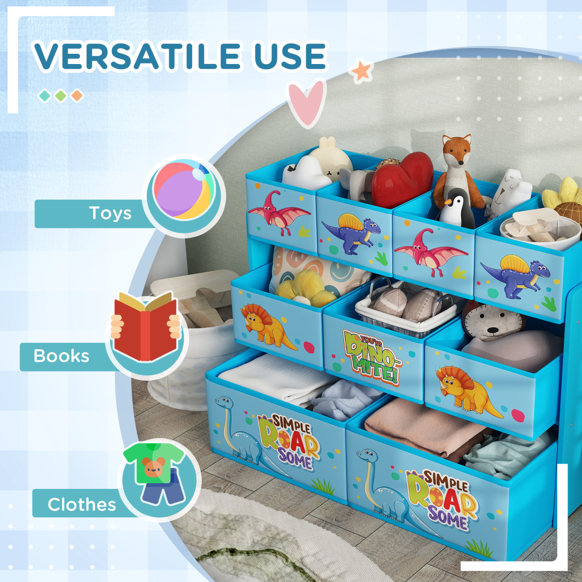 AIYAPLAY 3-Tier Dinosaur Toy Organiser Shelf with 9 Storage Boxes, Blue