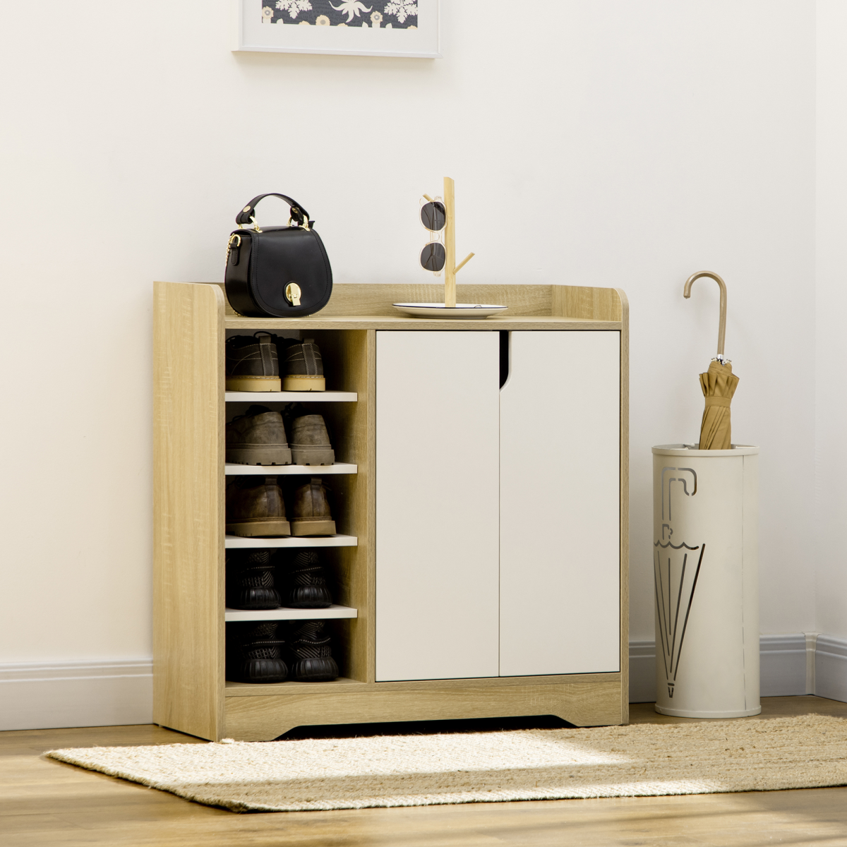 HOMCOM Shoe Storage Cabinet with Double Doors and Open Shelves