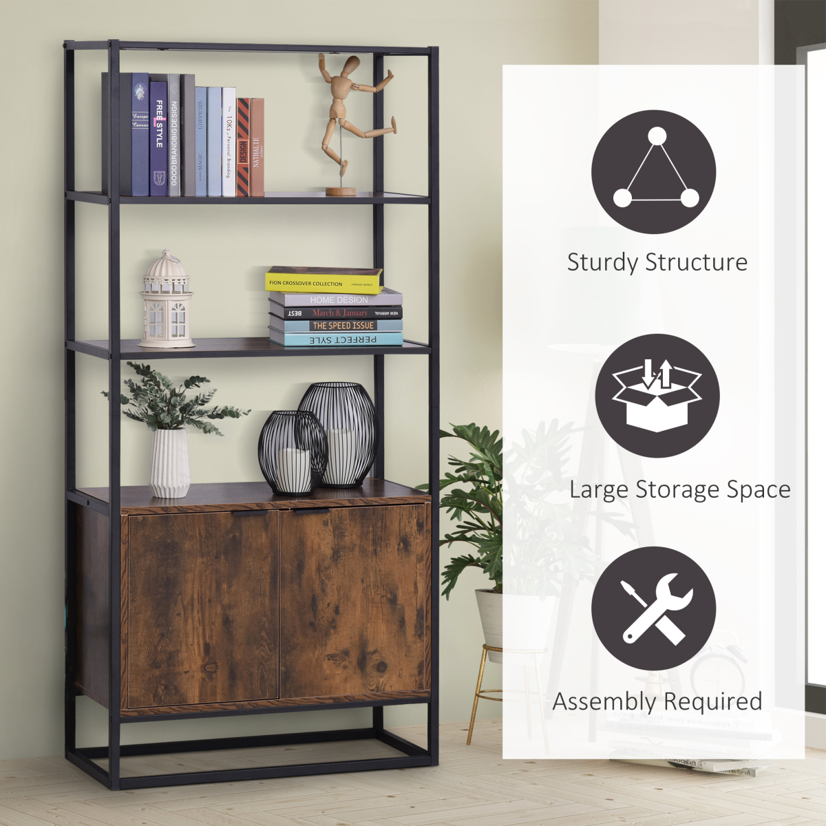 Industrial Style Storage Cabinet with 3 Open Shelves and Bottom Cabinet for Living Room Bedroom