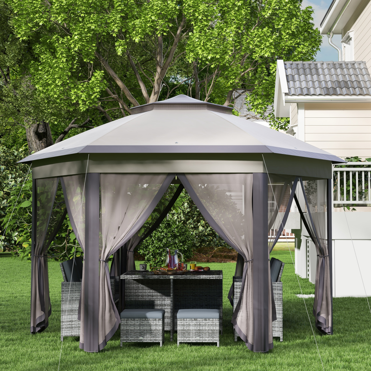 Outsunny 4.05m Metal Frame Mesh Curtain Gazebo with 2-Tier Roof Brown