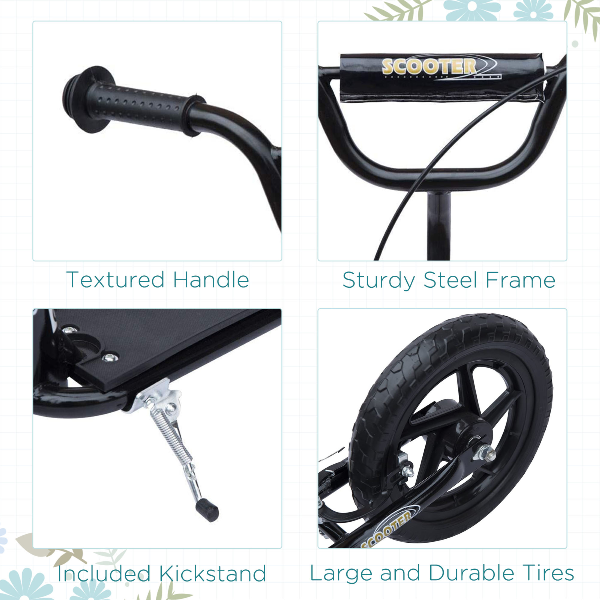 Push Scooter Teen Kids Stunt Bike Ride On with 12" EVA Tyres, Black HOMCOM