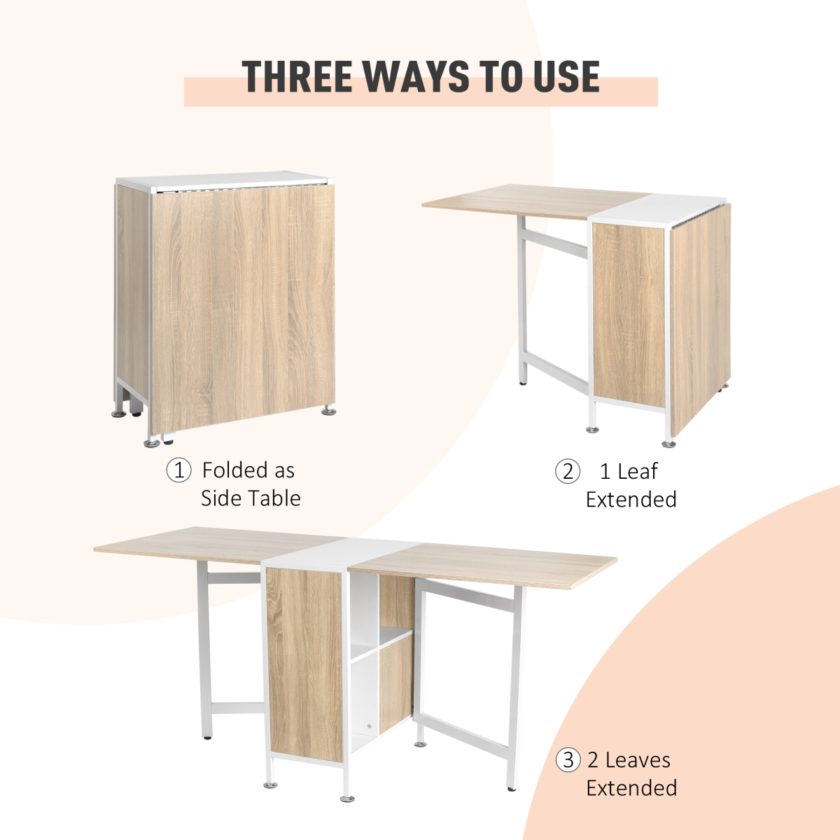 HOMCOM Folding Drop-Leaf Table Desk with Storage Shelf, Oak and White, Home Office