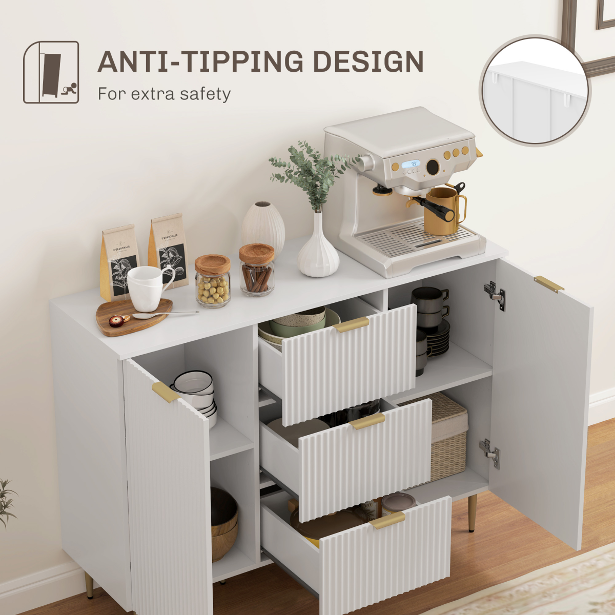 White Storage Cabinet with 3 Drawers, 2 Cabinets & TV Stand