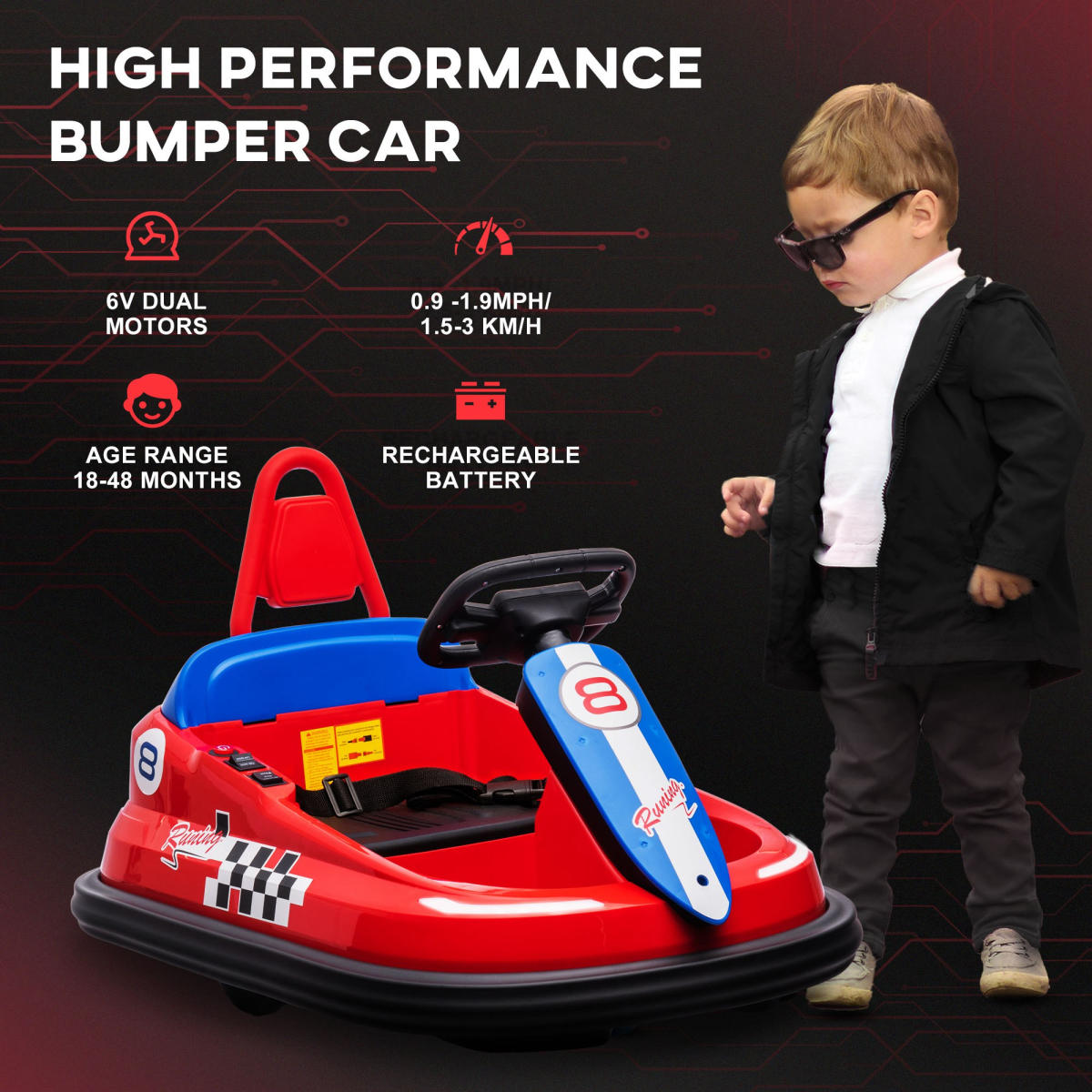 HOMCOM 6V Kids Bumper Car, 360° Spin, 2 Speeds, Music & Horn