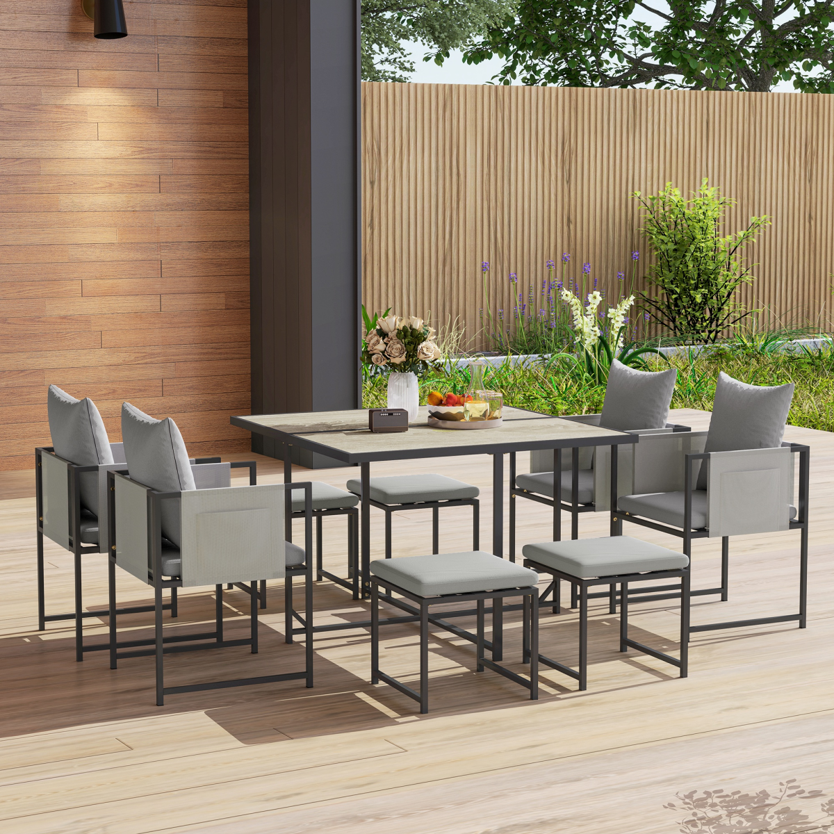 Outsunny 8 Seater Cube Garden Dining Set, 9 Piece with Square Table, 4 Armchairs, 4 Footstools and Cushions