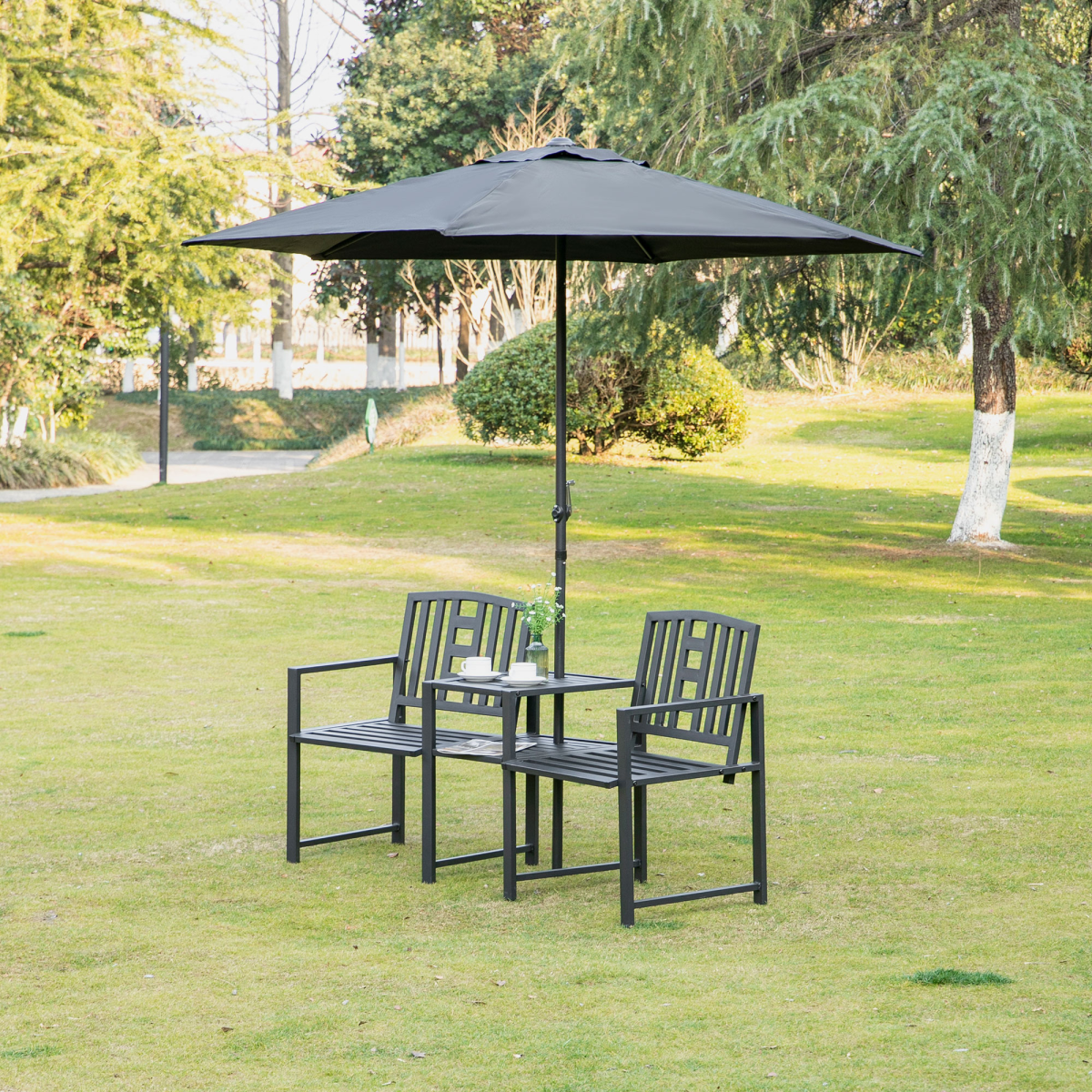 2-Seater Garden Bench with Middle Table, Slatted Patio Loveseat