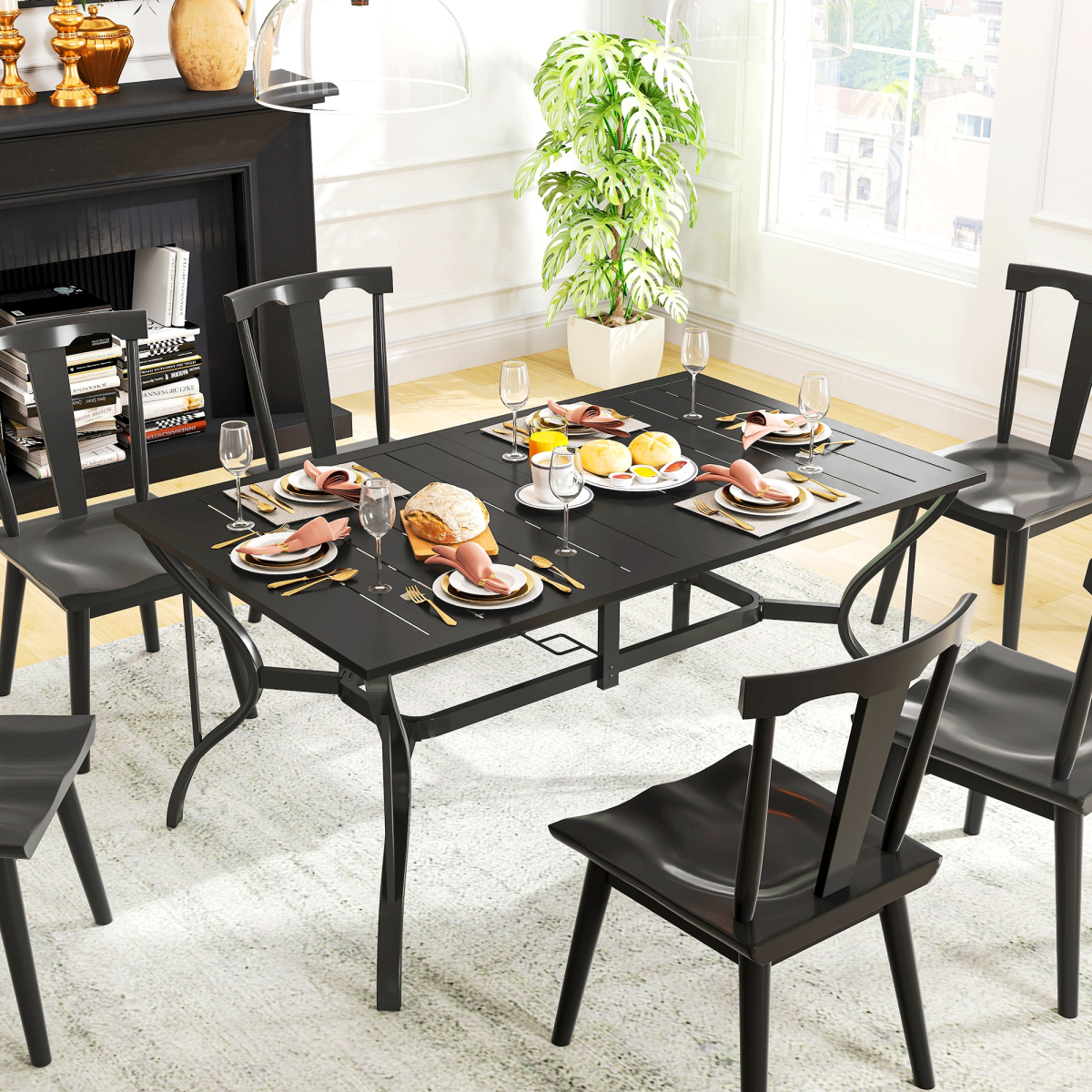 Outsunny Garden Dining Table, 150 x 90cm Steel Slatted Top, Black, 6 Seater Balcony Table