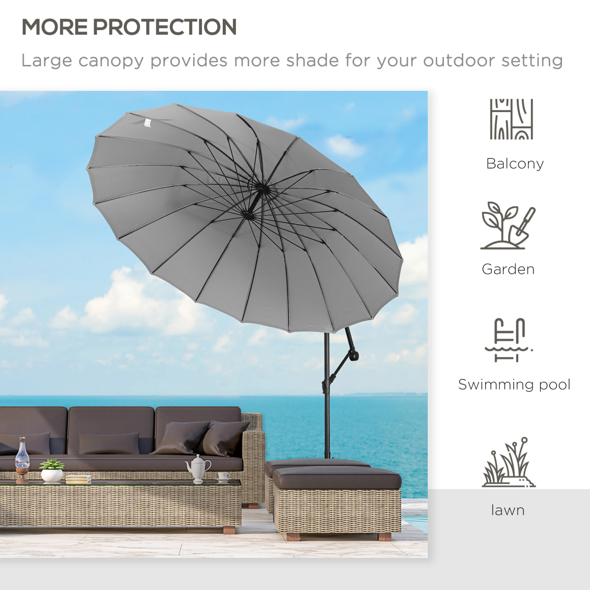 3m Square Cantilever Parasol with Crank Handle, Cross Base