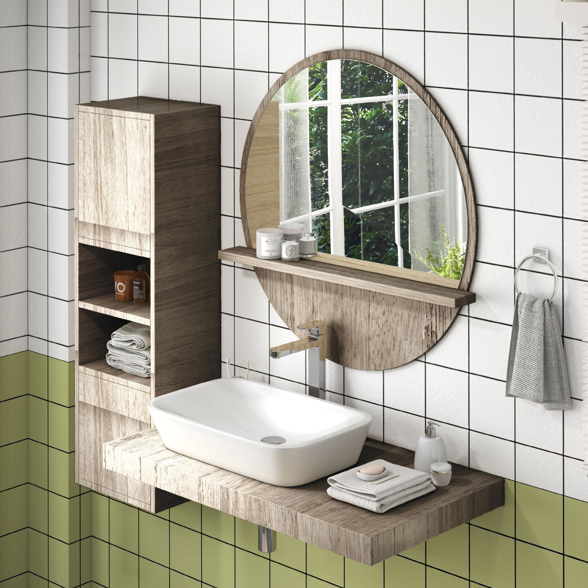 HOMCOM Round Wall Mirror with Shelf, Grey Wood Effect