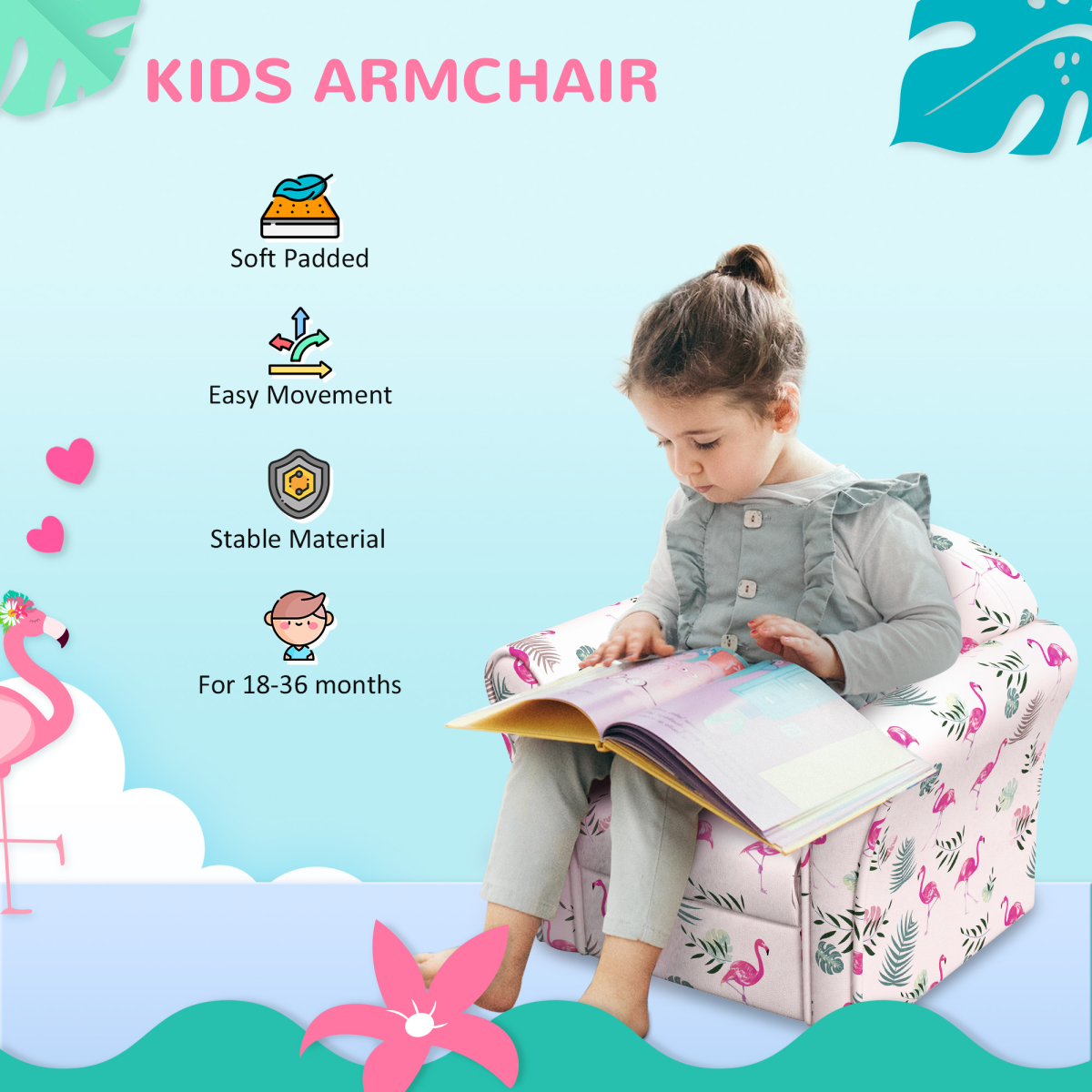 AIYAPLAY Flamingo Kids Sofa Chair, Pink, Soft Toddler Seat