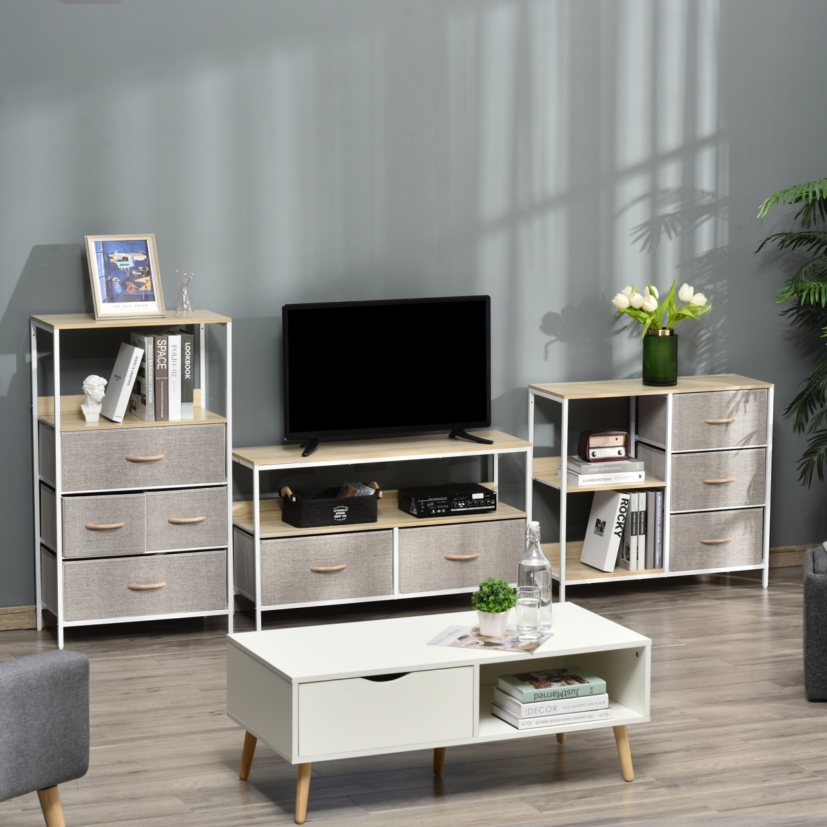 Beige Chest Dresser with 3 Drawers, 3 Shelves and Metal Frame